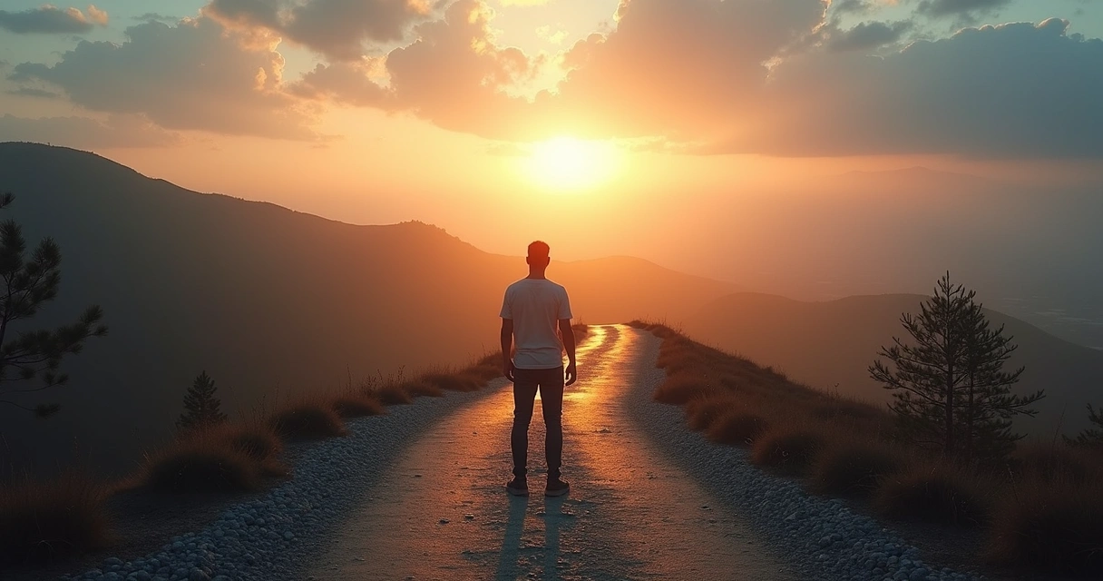 Pessoa em pé diante de caminho dividido entre sombras e luz representando escolha ética e transformação pessoal consciente 