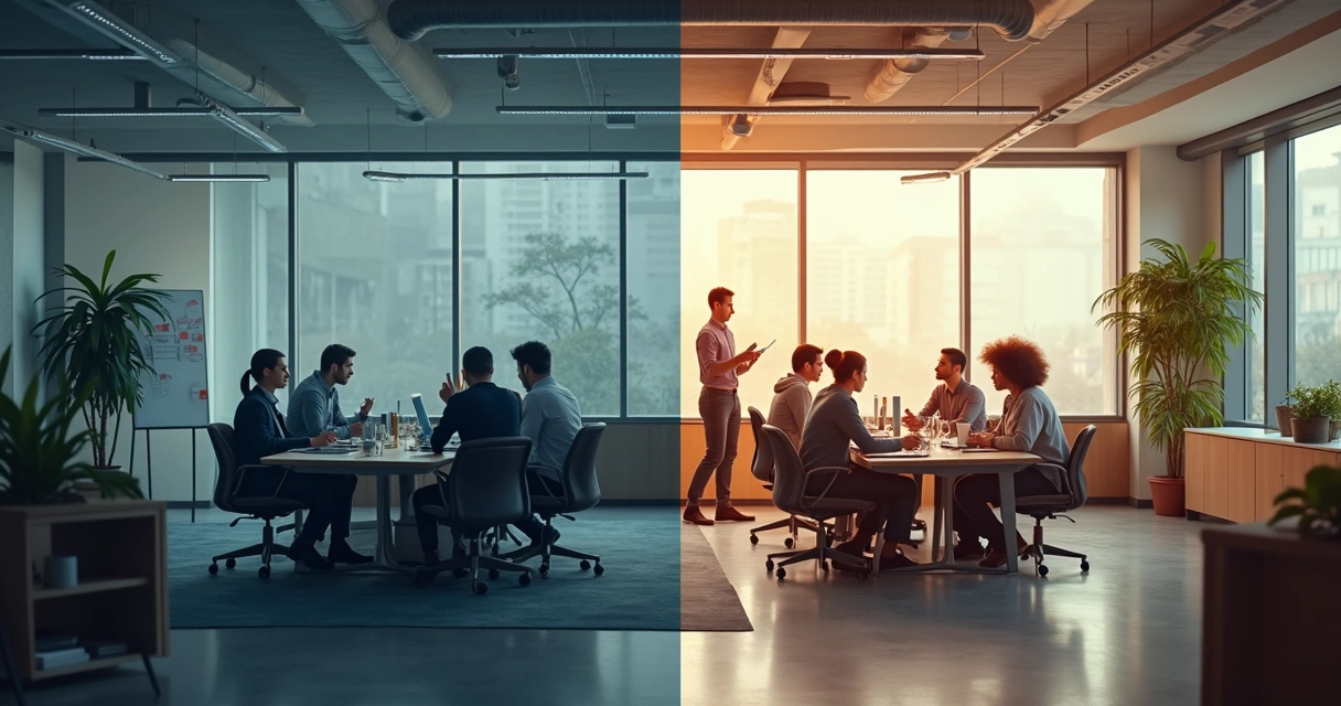 Equipe em escritório dividido entre parte tóxica e parte harmoniosa 