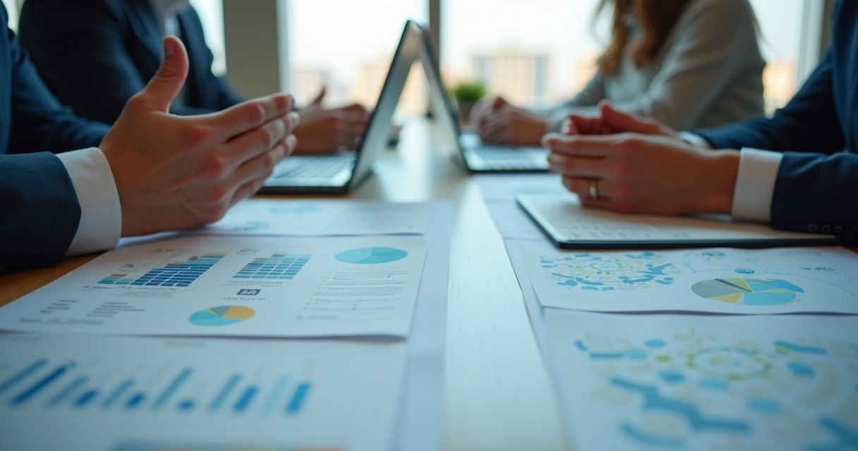 Símbolos de ética, privacidade e transparência em uma mesa de reunião com pessoas e laptops 