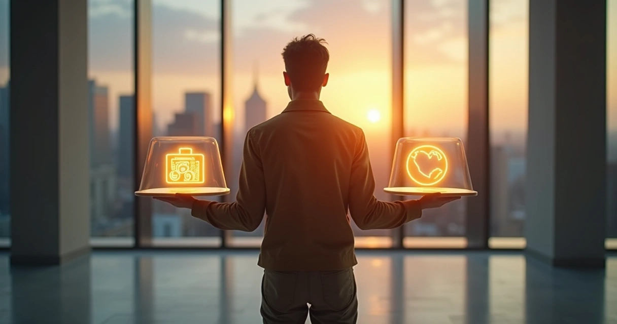 Persona ante balanza luminosa que integra dinero, corazón y planeta 