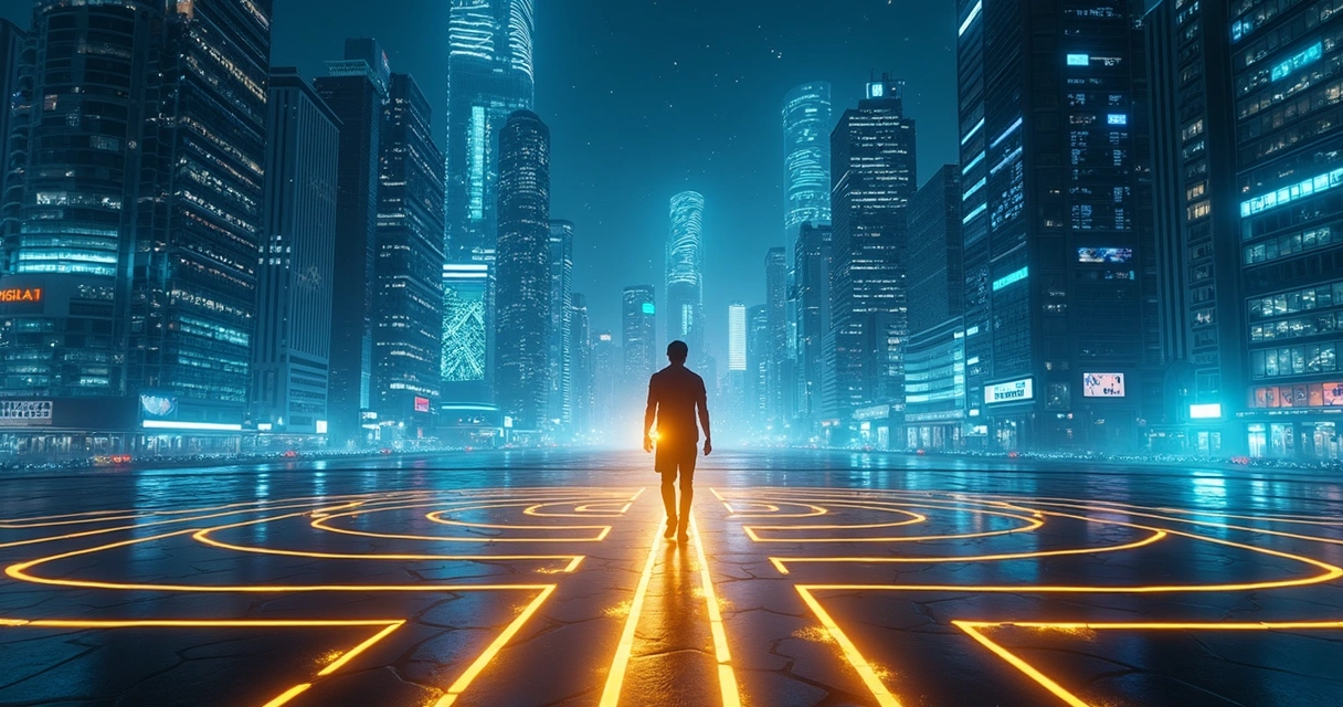 Persona caminando por un laberinto digital iluminando un camino ético en una ciudad de pantallas 