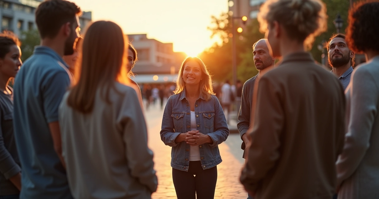 Círculo de personas conversando en una plaza iluminada al atardecer 