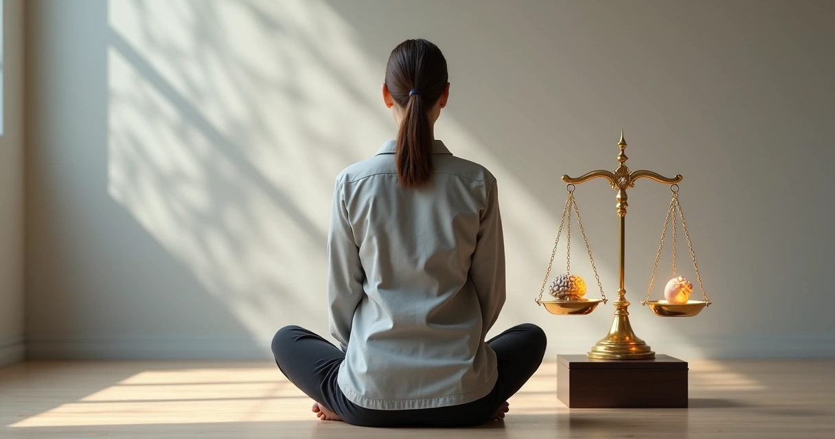 Pessoa sentada em meditação diante de uma balança de justiça iluminada 