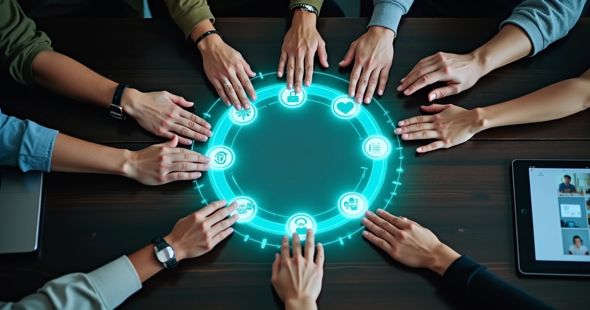 Mesa digital con manos diversas formando un círculo sobre iconos éticos 