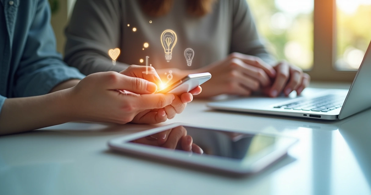 Manos usando varios dispositivos digitales con símbolos de ética y valores sobre fondo claro. 