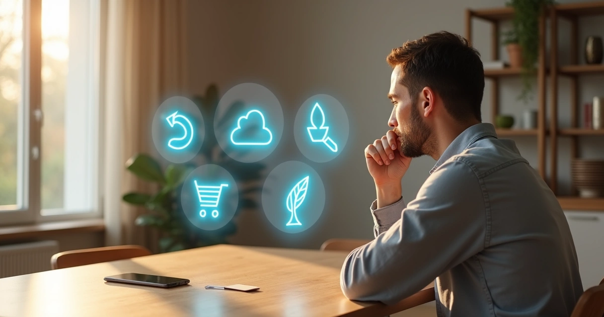 Pessoa analisa hologramas de contratos de assinatura flutuando acima de uma mesa 
