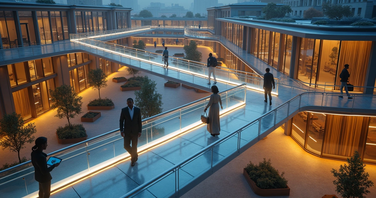 Personas caminando sobre pasarelas luminosas que las conectan desde edificios diferentes 