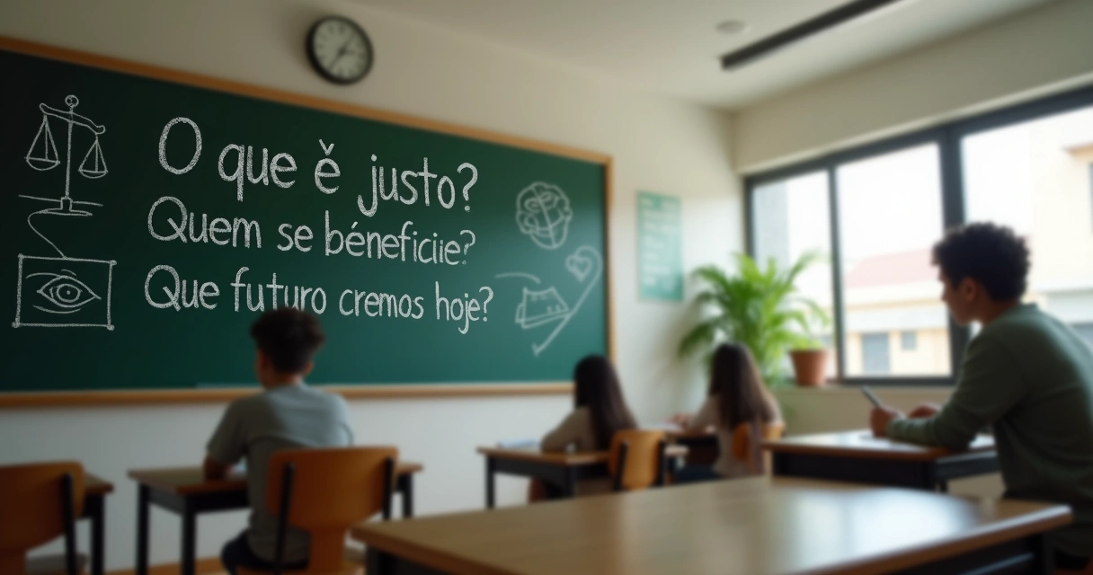 Lousa de sala de aula com perguntas éticas escritas e alunos desfocados ao fundo 