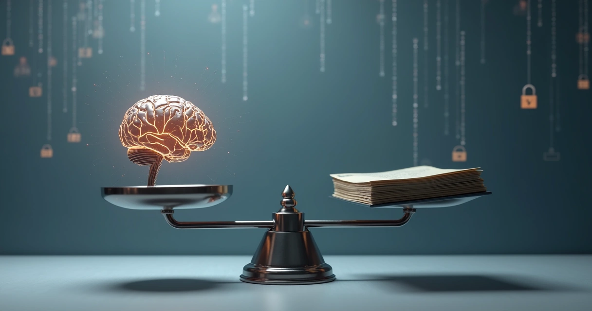 Representação de ética e justiça digitais com balança e IA 