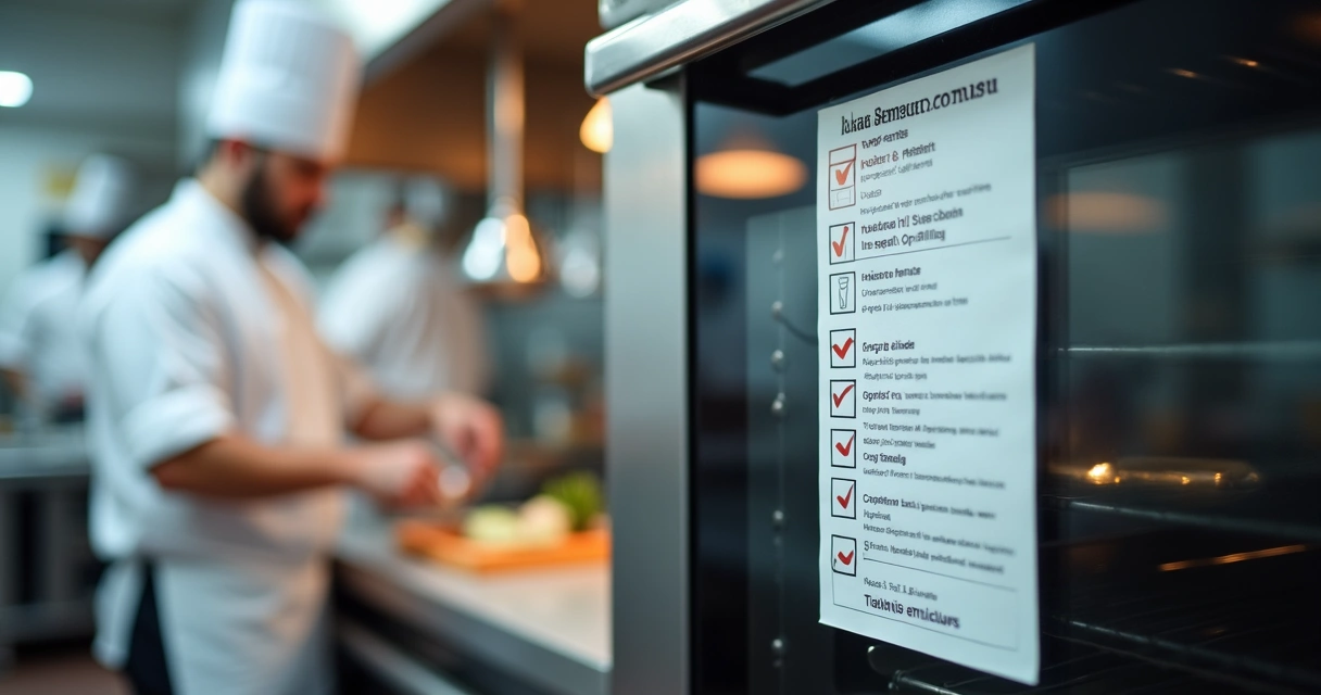 Etiqueta de checklist em equipamento na cozinha de restaurante 