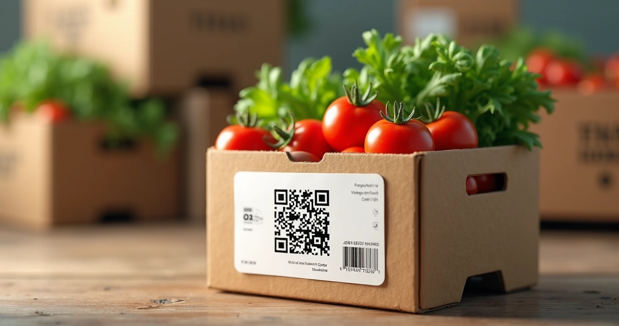 Etiqueta de rastreabilidade vegetal com QR code colada em caixa de frutas frescas 