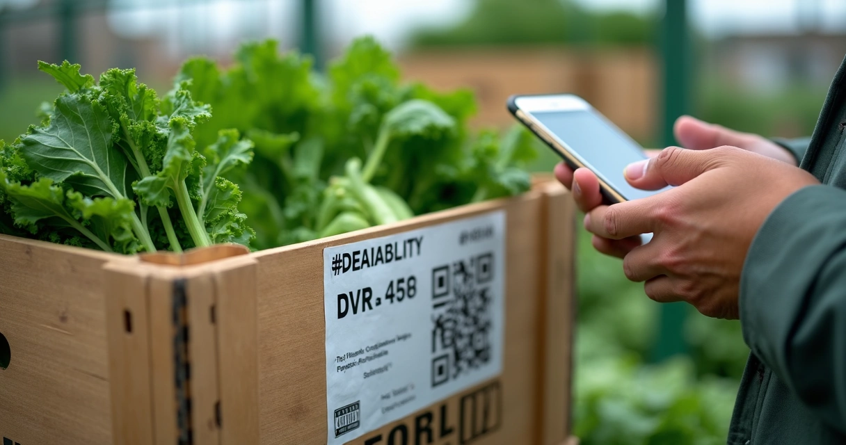 Etiqueta com QR code em caixa de verduras