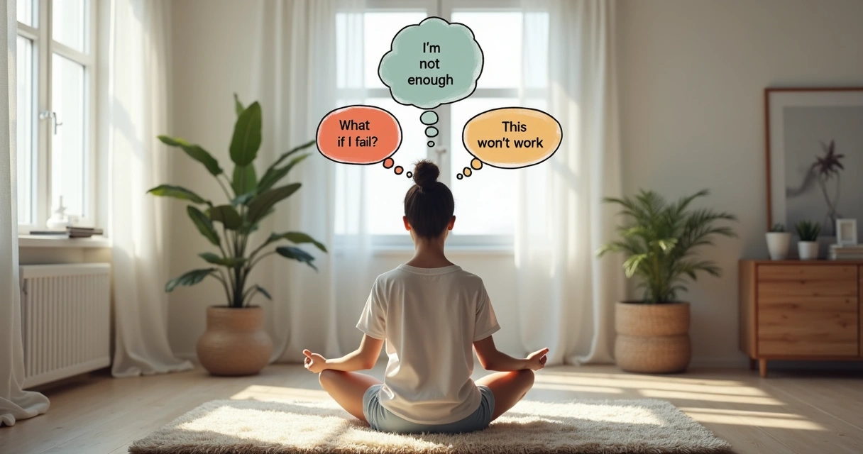 Persona sentada en postura de meditación, con burbujas de textos de pensamientos flotando alrededor.