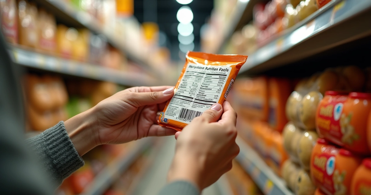 Pessoa com mão lendo rótulo de alimento no supermercado 