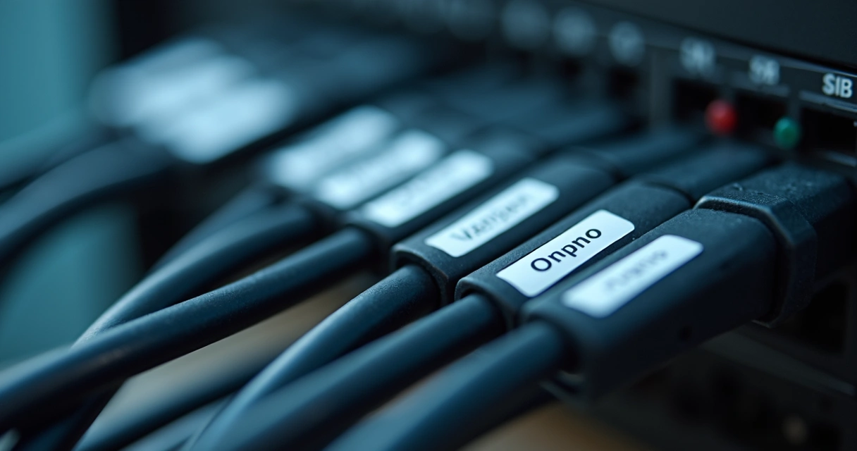 Cabos eletrônicos organizados com etiquetas de fita rotuladora 