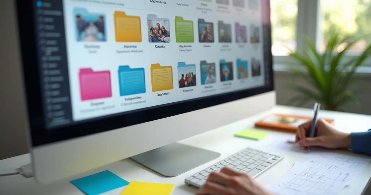 Etiquetas coloridas organizando arquivos de fotografia em pastas digitais 