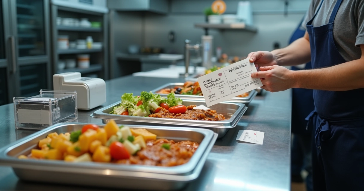 Bancada de cozinha profissional com alimentos etiquetados com datas de validade 