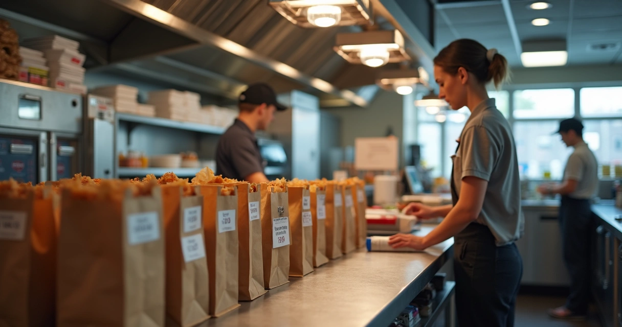 Etiquetas impressas organizando pedidos em cozinha de delivery 