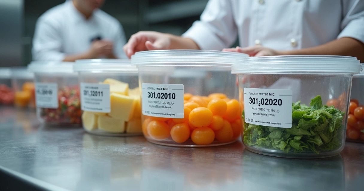 Etiquetas de validade impressas em potes de alimentos em cozinha profissional