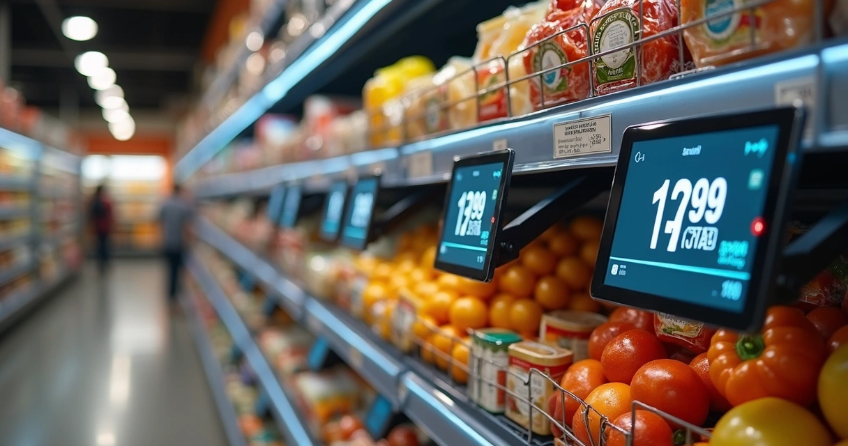Prateleira de supermercado com etiquetas eletrônicas de preços exibindo valores variados em alta resolução 