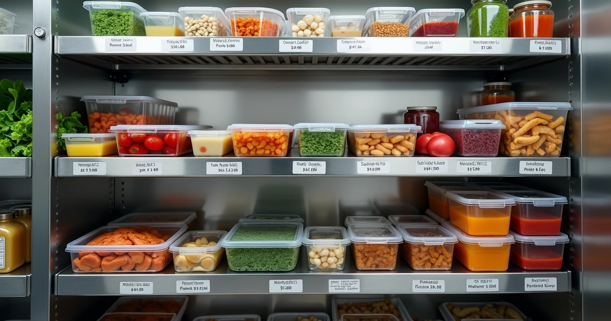 Recipientes etiquetados em prateleira refrigerada 