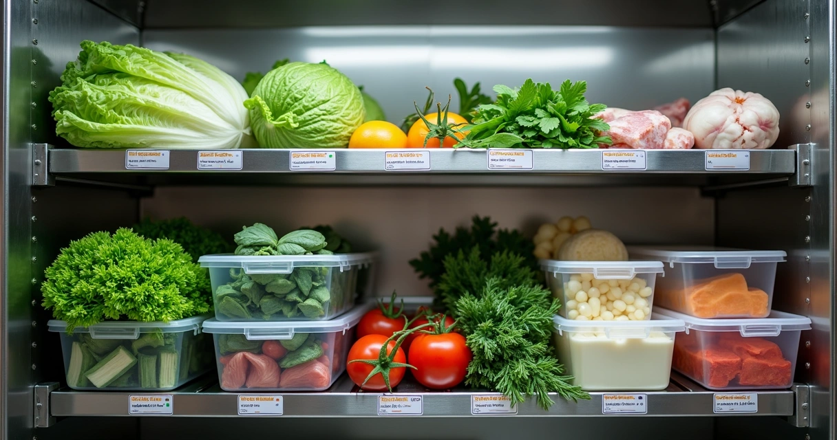 Etiquetas de validade em caixas de ingredientes frescos na câmara fria 
