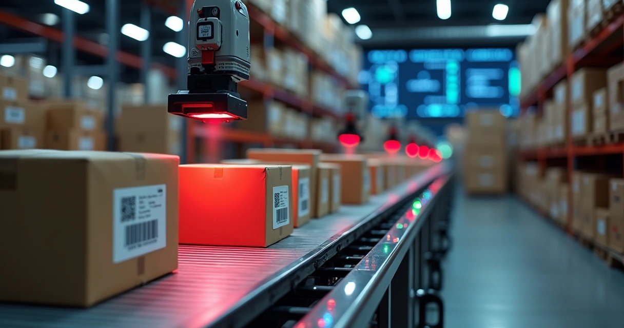 Esteira logística com caixas e etiquetas inteligentes sendo escaneadas por leitores de código de barras 