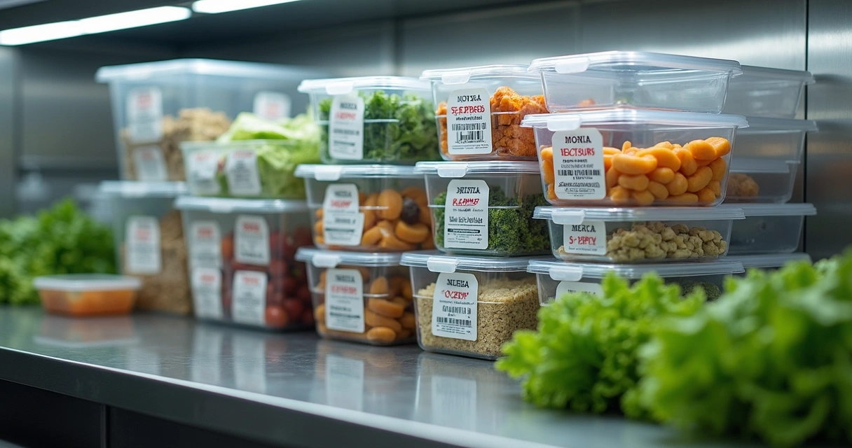 Etiquetas de validade organizadas em recipientes de cozinha profissional 