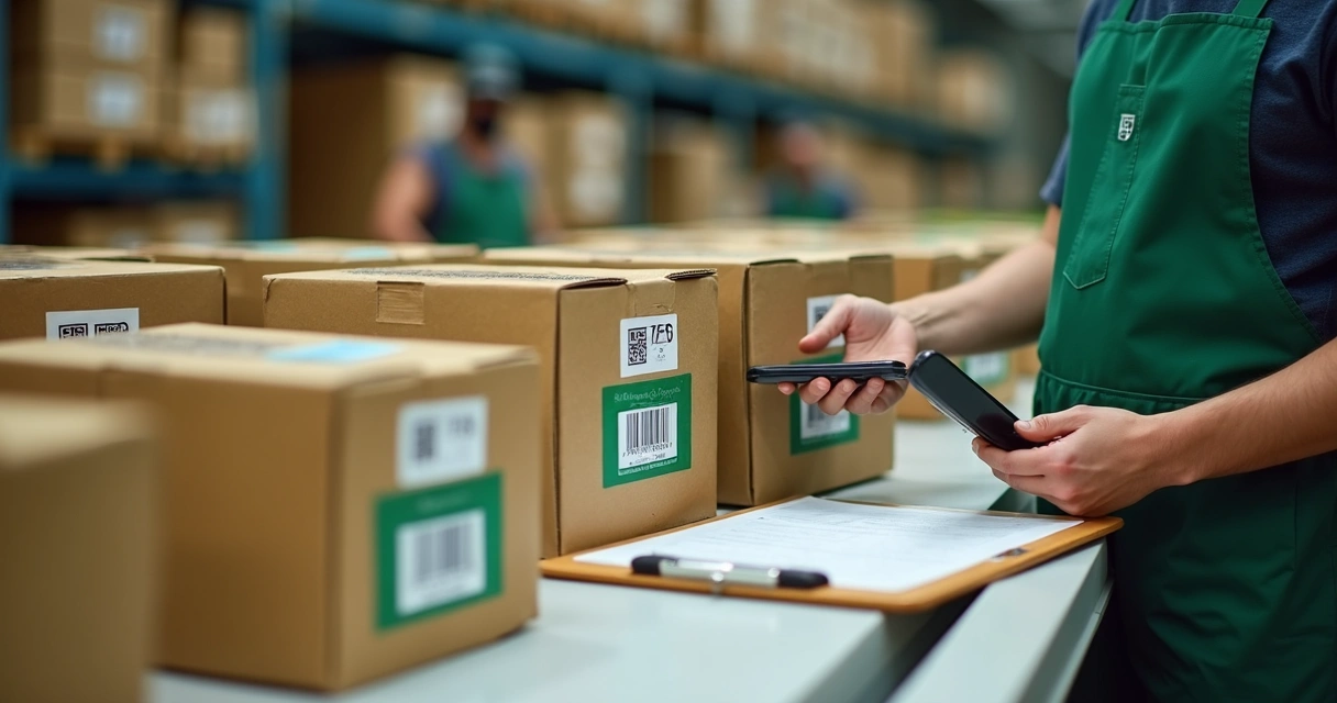Etiquetas agrícolas com QR code em caixas de produtos 