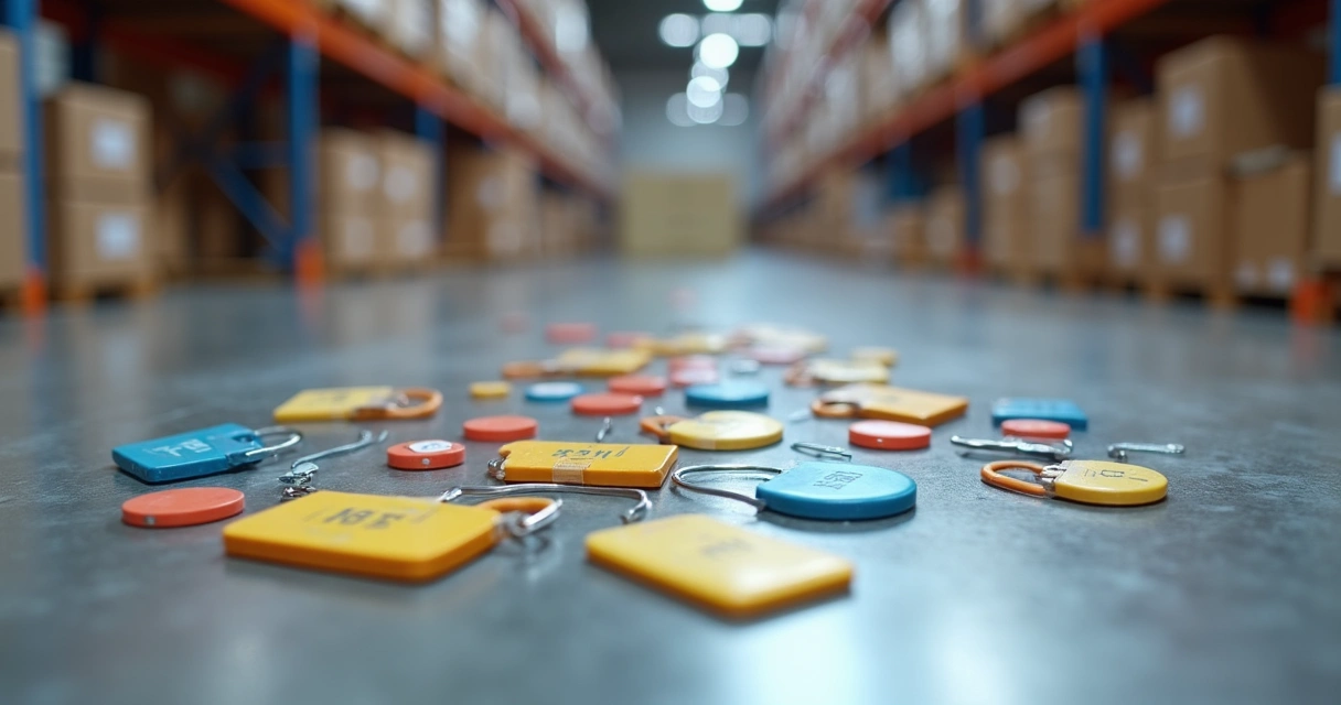 Vários tipos de etiquetas RFID em diferentes formatos, ilustrando aplicações logísticas 