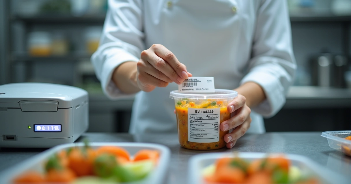 Funcionário colando etiqueta de validade em alimento na cozinha 