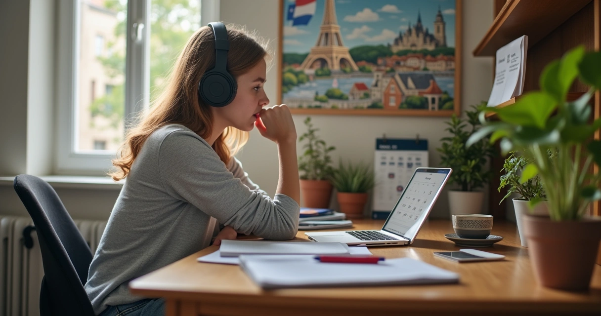 Étudiant écoutant un cours de français avec des écouteurs dans une chambre d