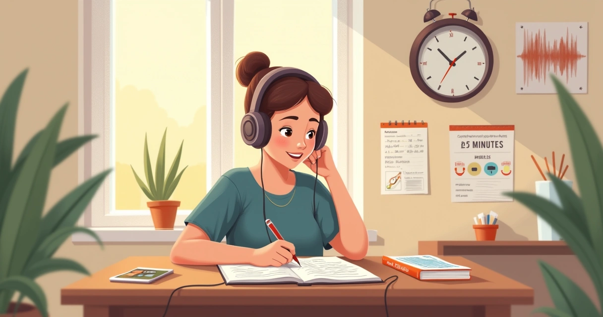 Étudiant écoutant des extraits audio avec des écouteurs, prenant des notes sur un bureau en bois.