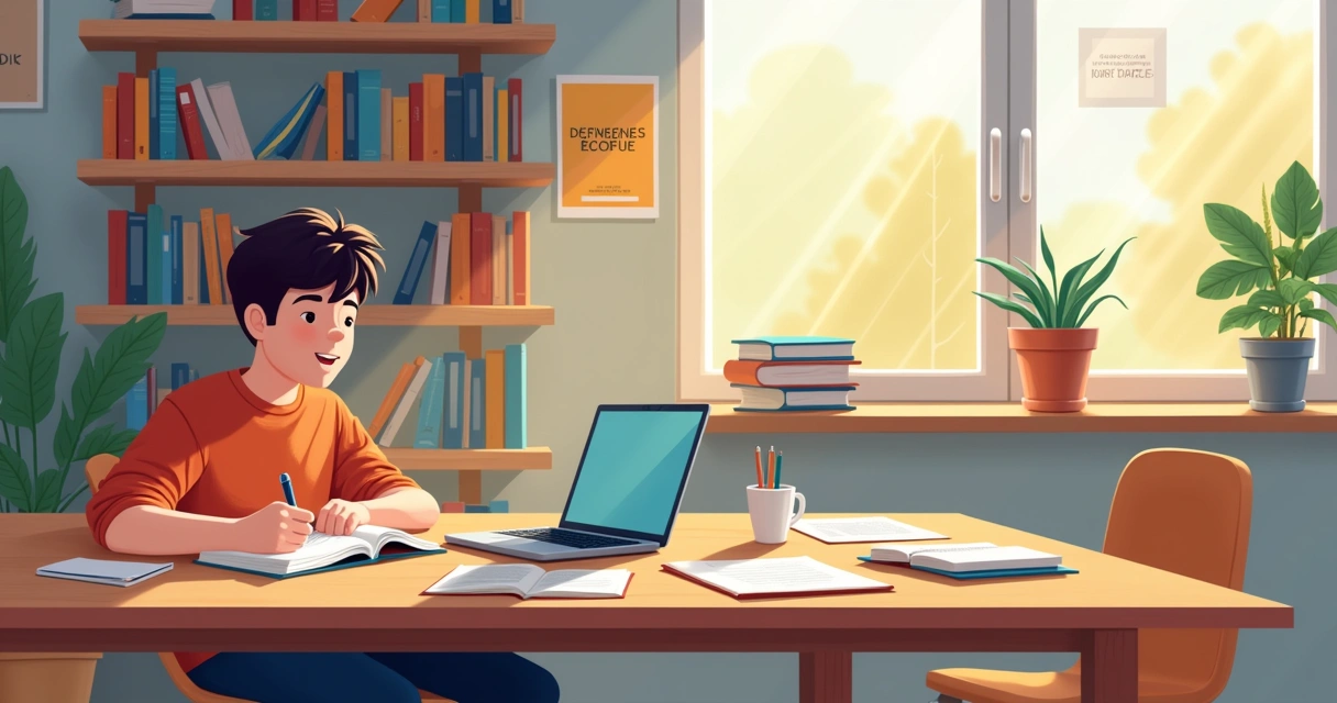 Étudiant feuilletant un livre en français sur une table d