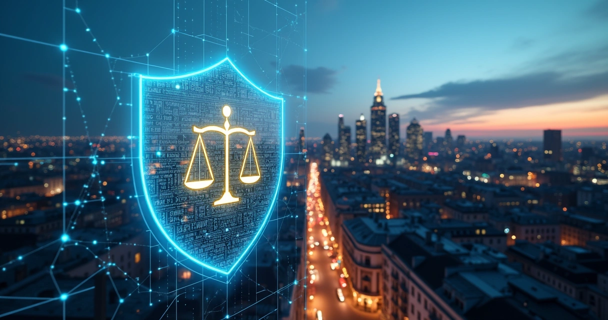 Futuristic European city skyline with glowing AI network shield hovering above 
