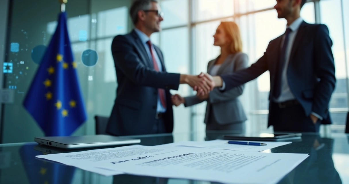 Business leaders shaking hands beside EU flag and AI compliance documents 