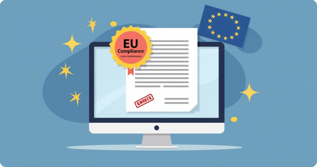 Digital document with EU compliance badge and e-signature stamp 