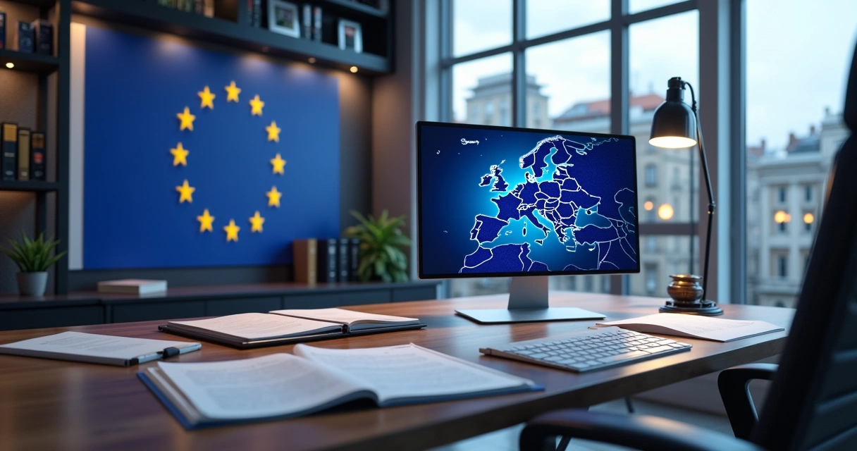 Modern office space with European Union flag and compliance documents on a desk