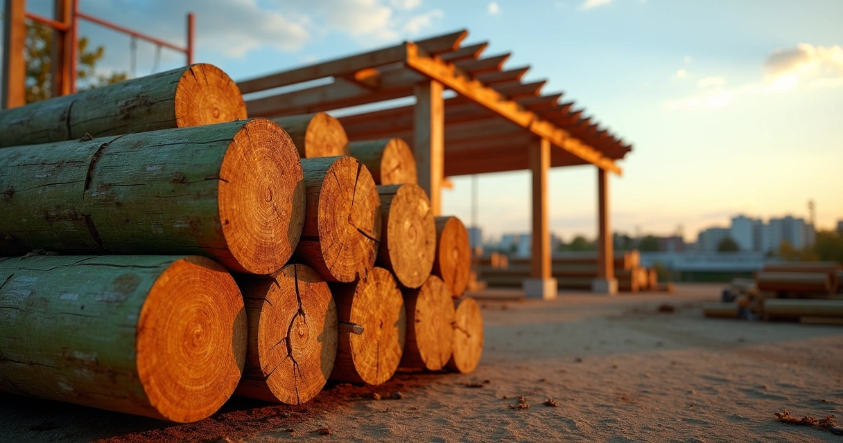 Pilhas de madeira de eucalipto tratado organizadas em um pátio de obra 