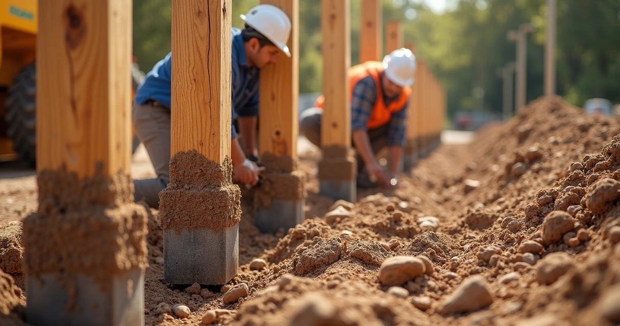 Pilares de eucalipto tratado sendo instalados em obra com solo seco, mostrando cuidados de ventilação 