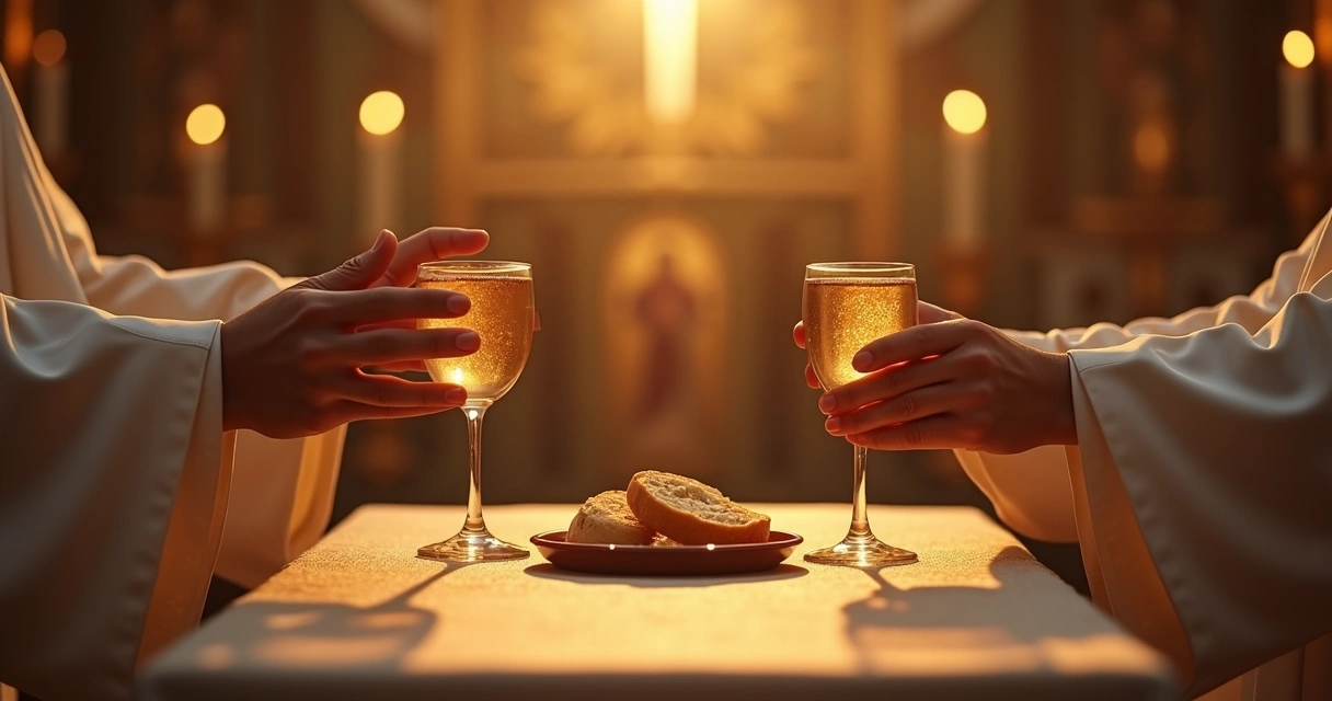 Pão e vinho sobre altar durante missa 