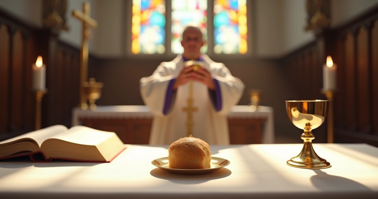 Pão e vinho consagrados sobre altar de igreja iluminado durante missa com fundo desfocado da liturgia e símbolos católicos 