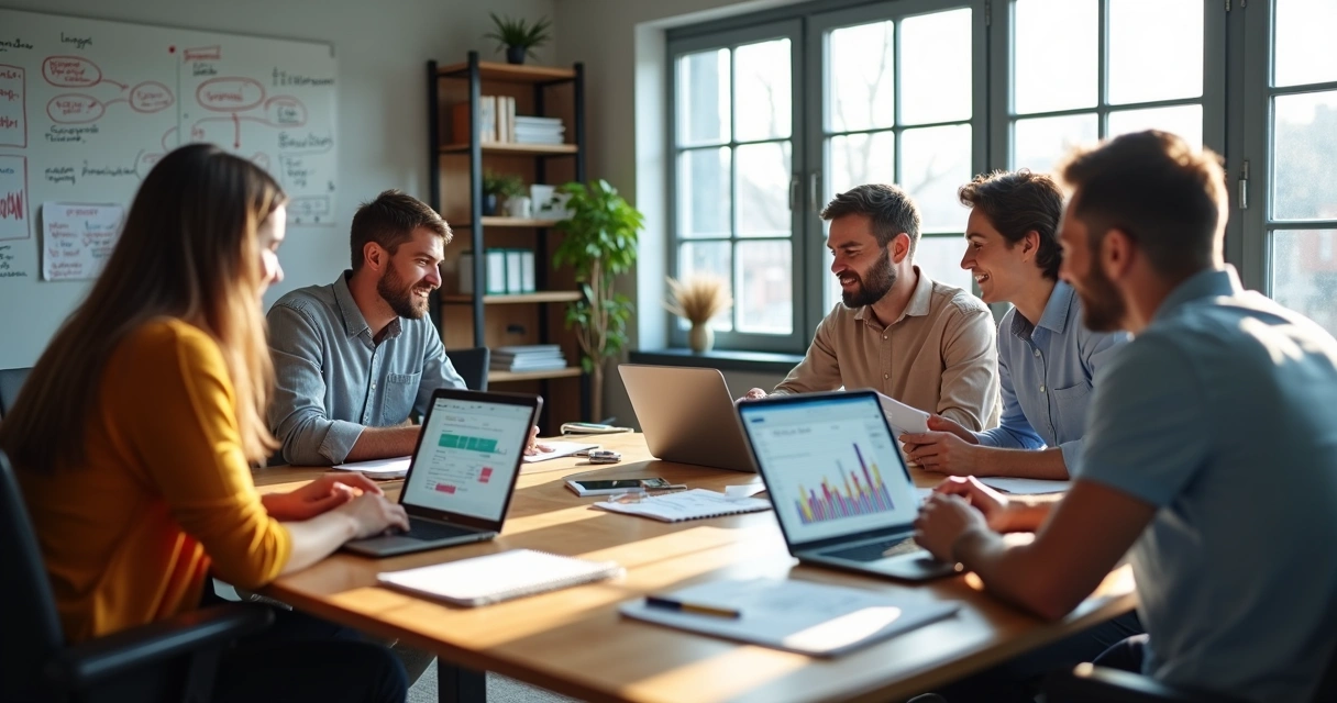 Equipe profissional reunida trabalhando em conteúdo digital no laptop com gráficos e anotações 