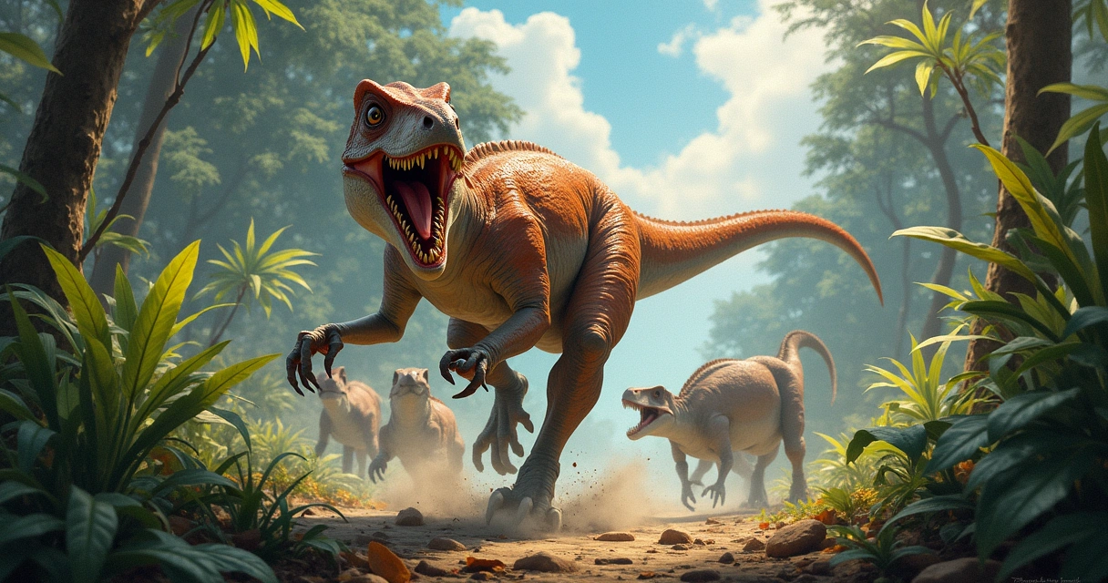 Euraptor caçando em um ambiente pré-histórico, cercado por árvores e céu em tons de crepúsculo.