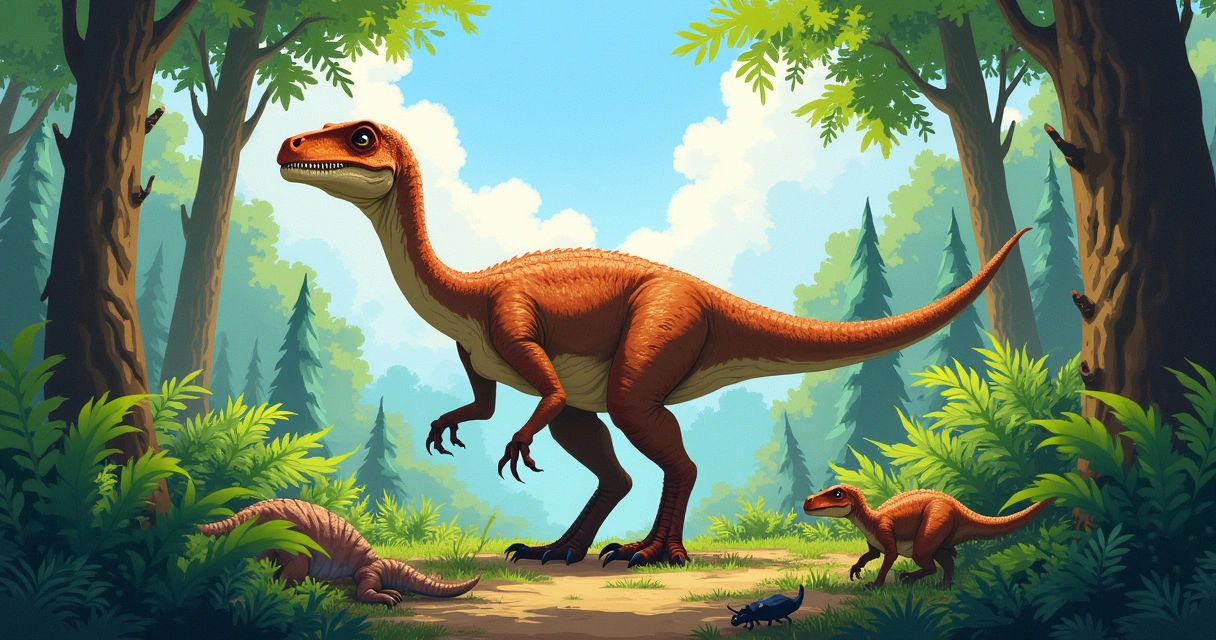 Euraptor dinosaur in a lush prehistoric forest with ferns and conifer trees.