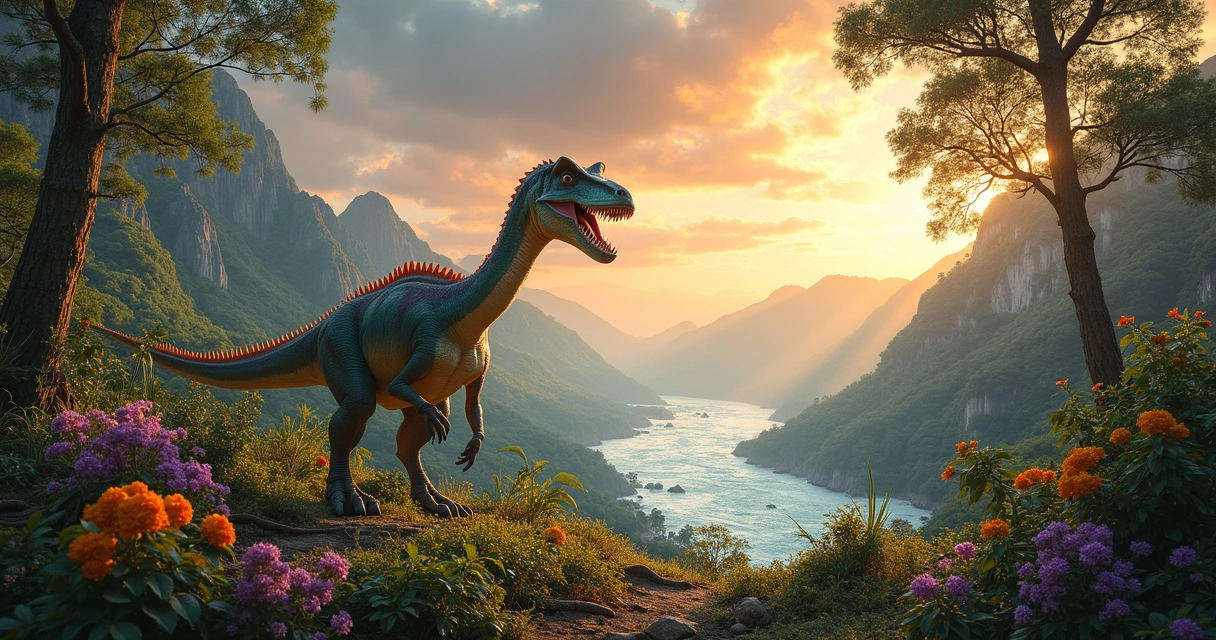 Euraptor em uma floresta pré-histórica com o Dilúvio Universal ao fundo, simbolizando a criação e fossilização.