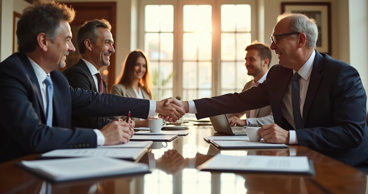 Chinese and Southern European leaders shaking hands at office table