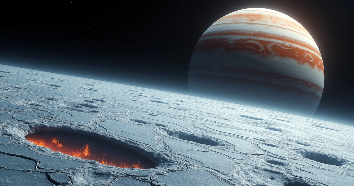 Superfície de Europa com gelo fraturado e plumas sobre oceano subsuperficial iluminado por Júpiter 