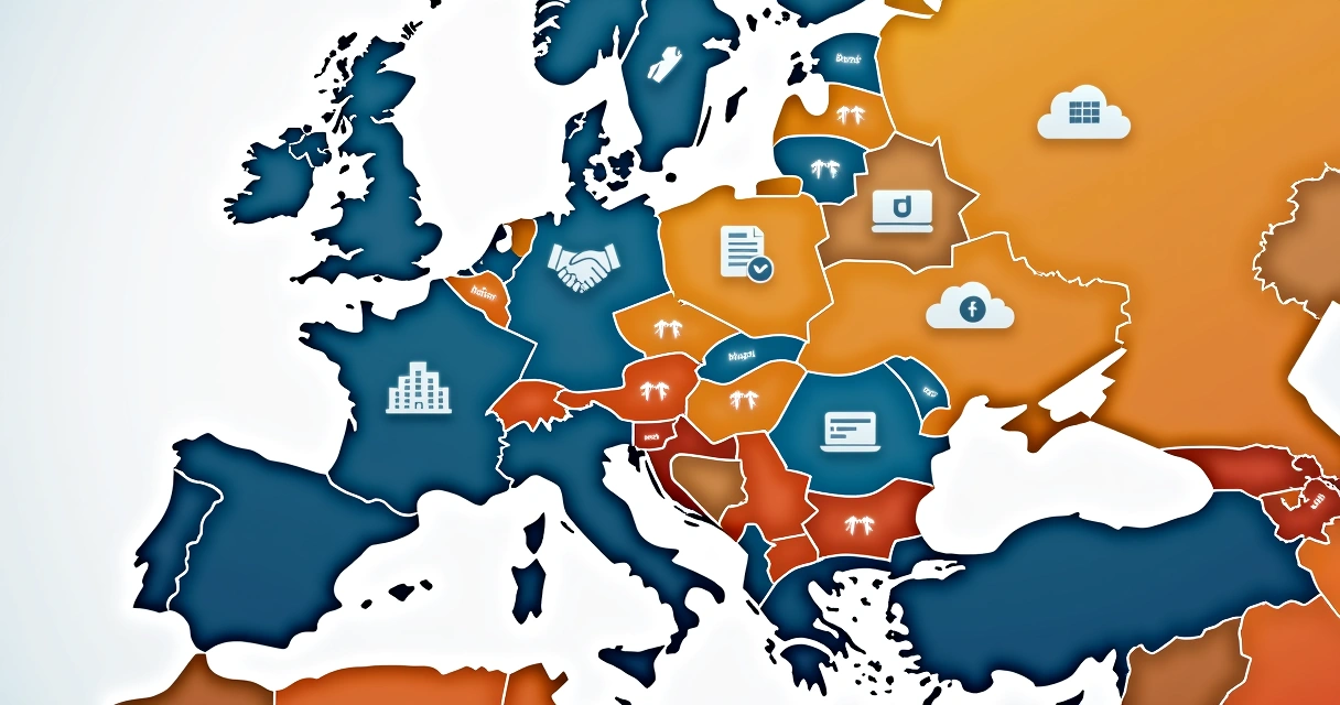 Map showing dotted lines for company expansion paths, with icons for entity and EOR options across Europe. 
