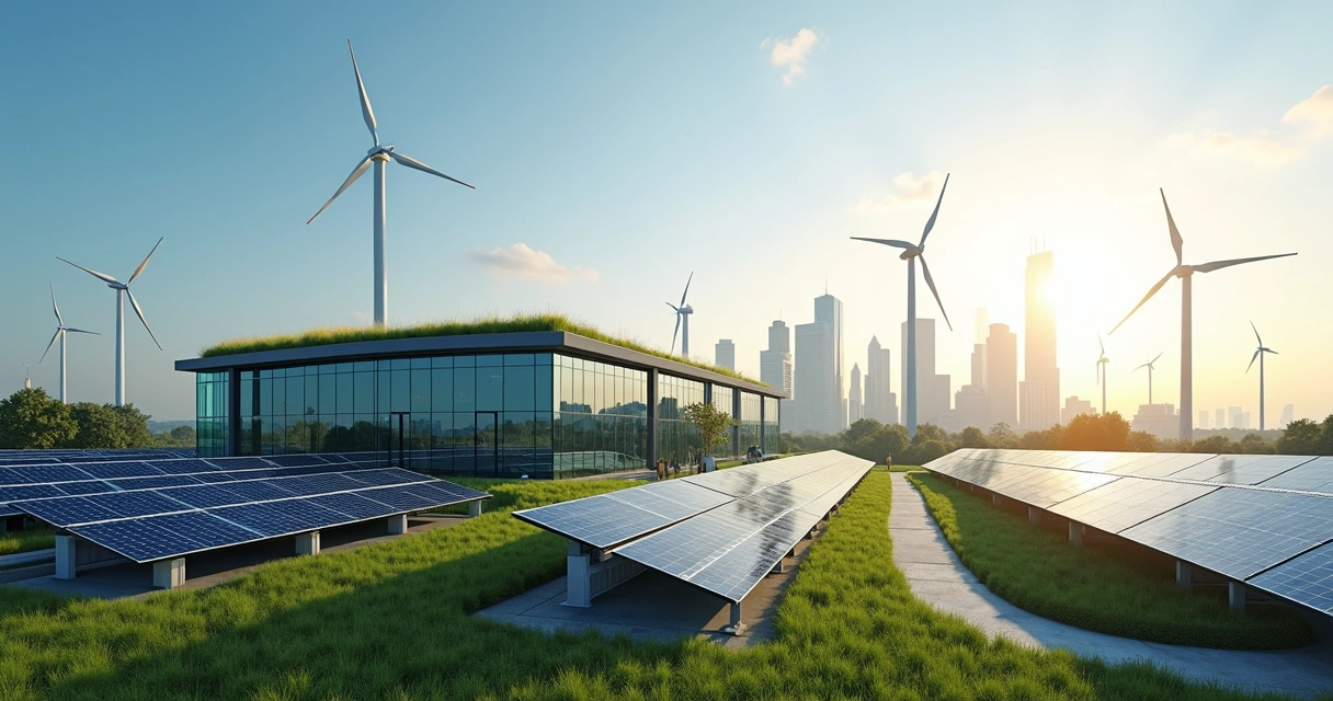 Modern green-tech factory in Europe with solar panels and wind turbines 